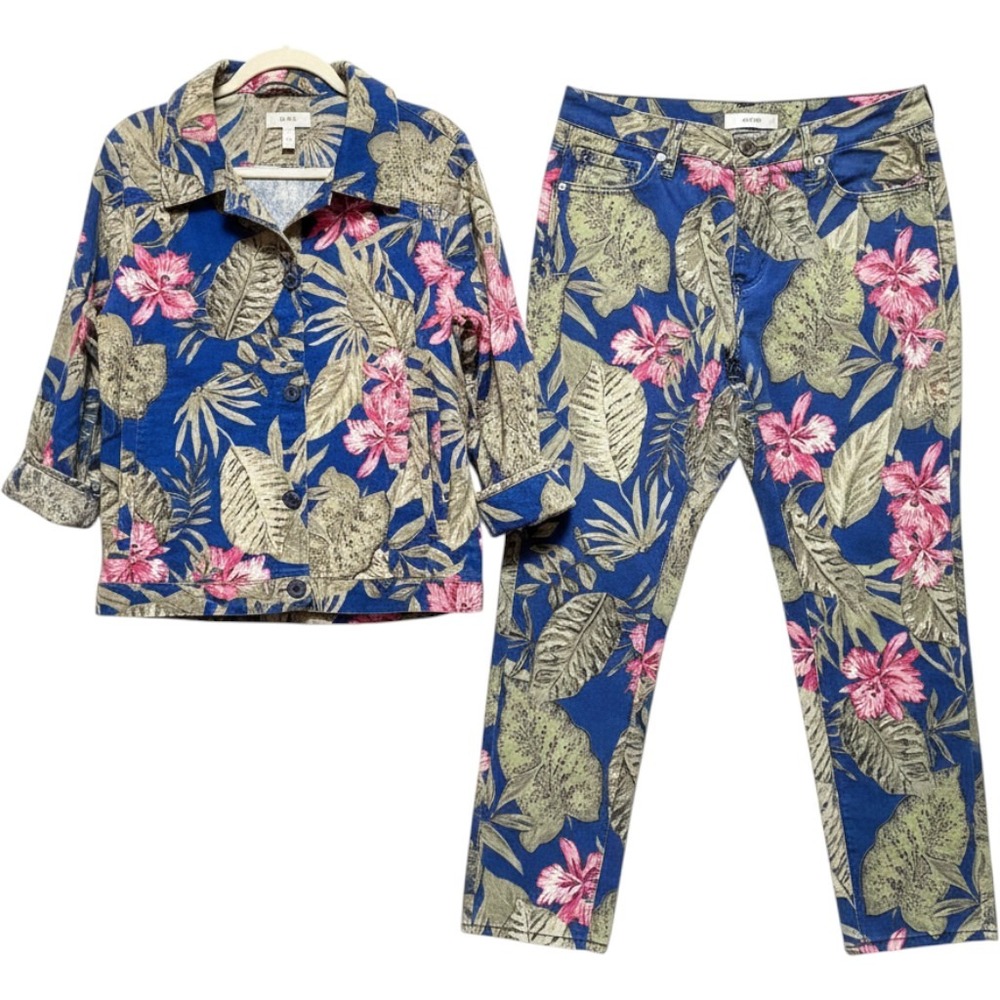 Chico's Tropical Floral Linen Jacket & Matching Pants Set Blue Pink XL